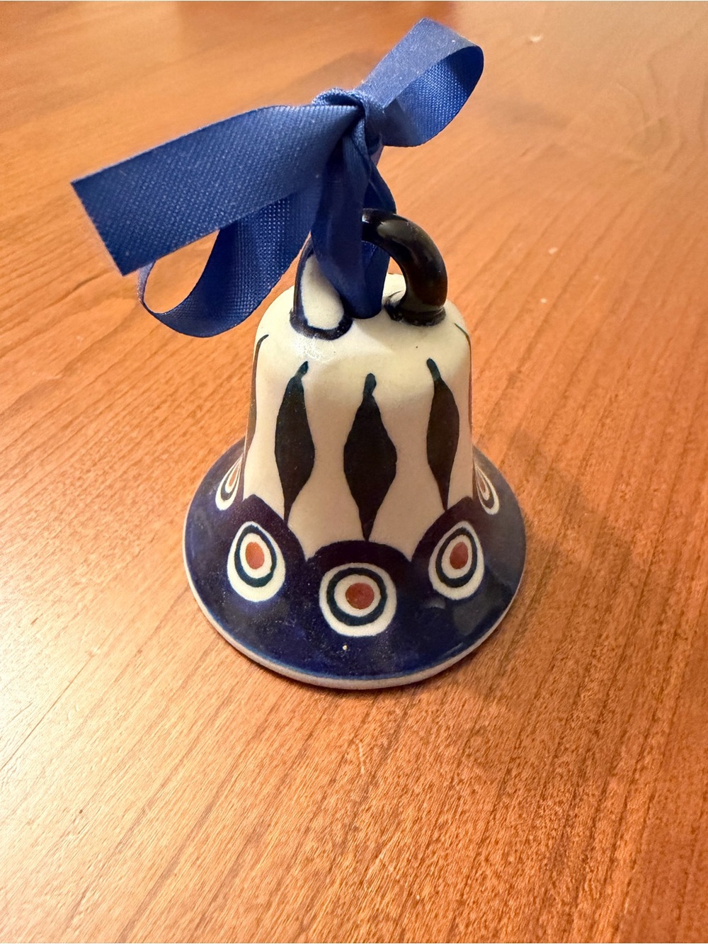 Polish Pottery Miniature Ceramic Bell Ornament With Ribbon Peacock Circles